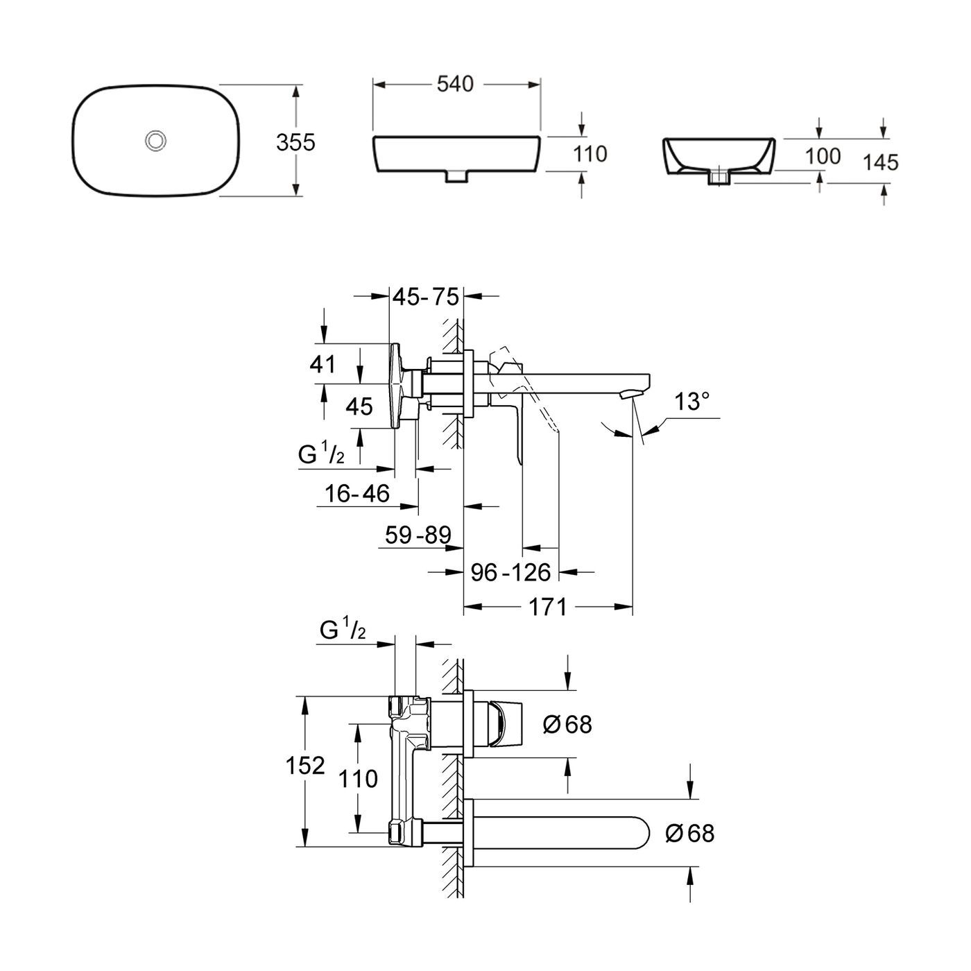 Комплект 2 в 1 Lavinia Boho Bathroom Sink Slim 21510153, накладная фарфоровая раковина 54 см, встраиваемый смеситель со скрытым механизмом