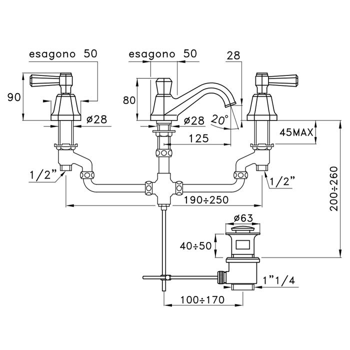 Stella Eccelsa Leve Смеситель для раковины на 3 отверстия 3224, с донным клапаном, цвет: хром