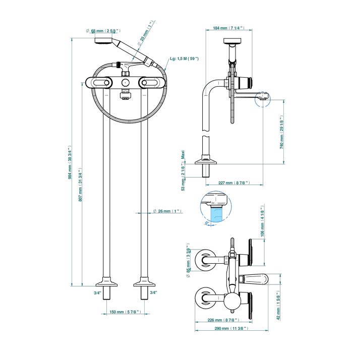 THG CORVAIR A MANETTES FIOR DI BOSCO Смеситель для ванны напольный, с ручным душем и шлангом 1500 мм., цвет хром