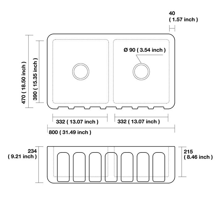 KERASAN Hanna Glasse SURREY Раковина керамическая кухонная 800x470x230 мм,без отв под смеситель, без сифона, толщина 40 мм, цвет белый