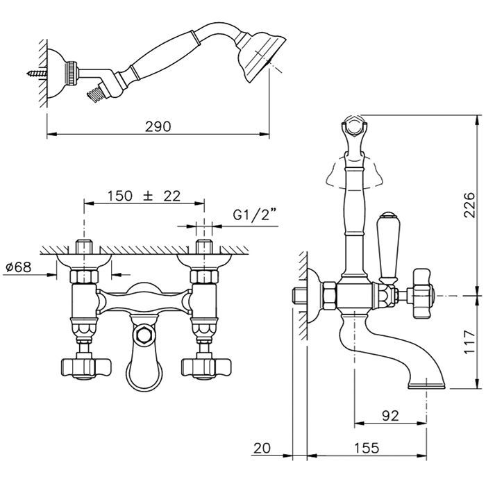 Nicolazzi Half Dome  Смеситель для ванны с душем duplex настенный на 2 отверстия, излив: 155 мм, цвет: хром