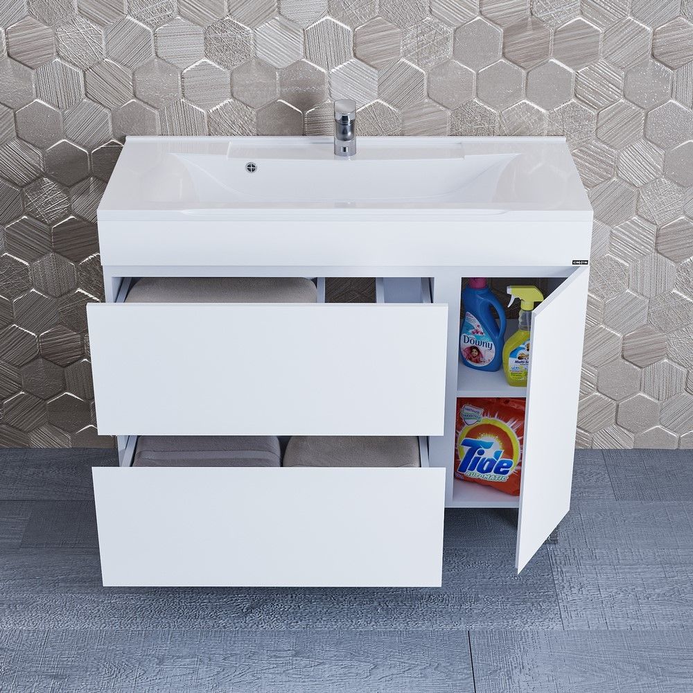 Тумба под раковину Санта Марс 100 см, 700187е, 2 ящика, 1 дверь, напольная, белый ум. Elen 100 литой мрамор)