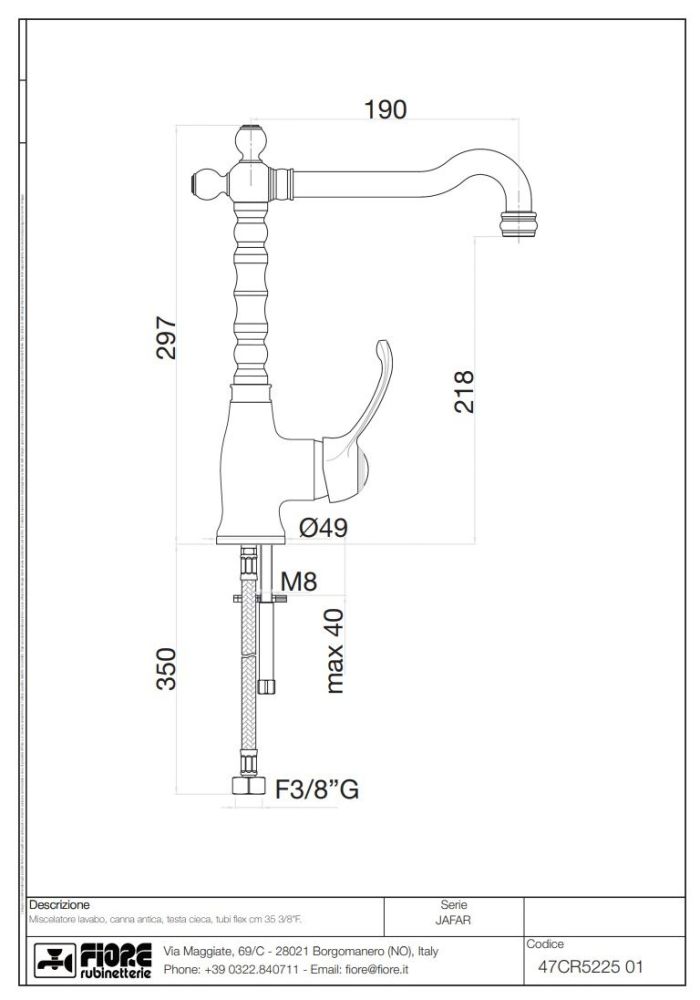 Fiore Jafar, однорычажный смеситель для раковины (излив 19 см), без донного клапана, цвет хром
