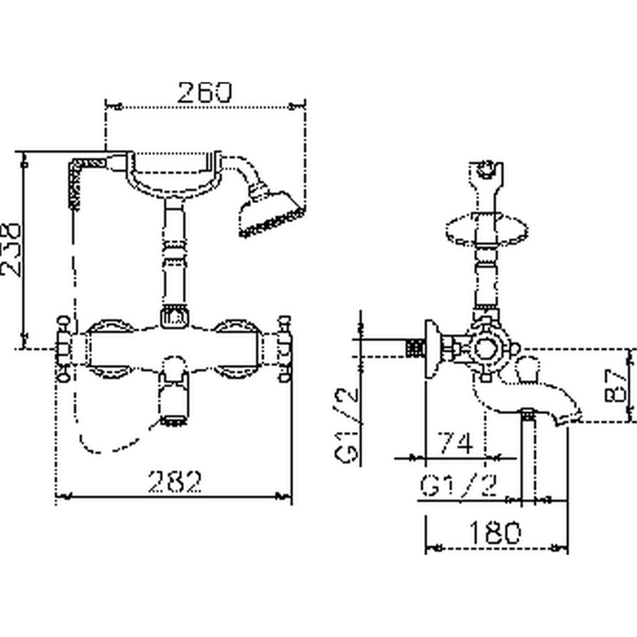 HUBER Victorian Смеситель термостатический настенный для ванны/душа с ручной лейкой,держателем и шлангом, цвет хром