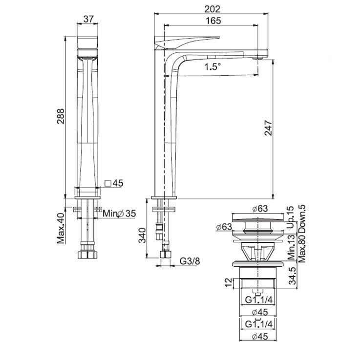Смеситель для раковины, Fima Carlo Frattini, Zeta, тип открывания воды-однорычажный, монтаж-на раковину/столешницу, отверстия для монтажа-1, высота, мм-288, вынос излива, мм-165, донный клапан-есть, тип подводки-гибкий, стандарт подвода воды-3/8", цвет-че Смеситель для раковины, Fima Carlo Frattini, Zeta, тип открывания воды-однорычажный, монтаж-на раковину/столешницу, отверстия для монтажа-1, высота, мм-288, вынос излива, мм-165, донный клапан-есть, тип подводки-гибкий, стандарт подвода воды-3/8", цвет-че