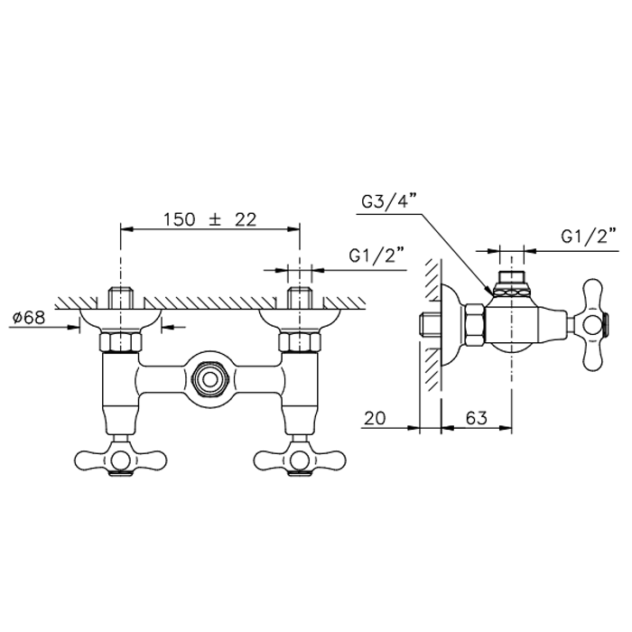 Nicolazzi Nuova Brenta Смеситель для ванны с 2мя ручками, настенный, с душевой лейкой, цвет: бронза