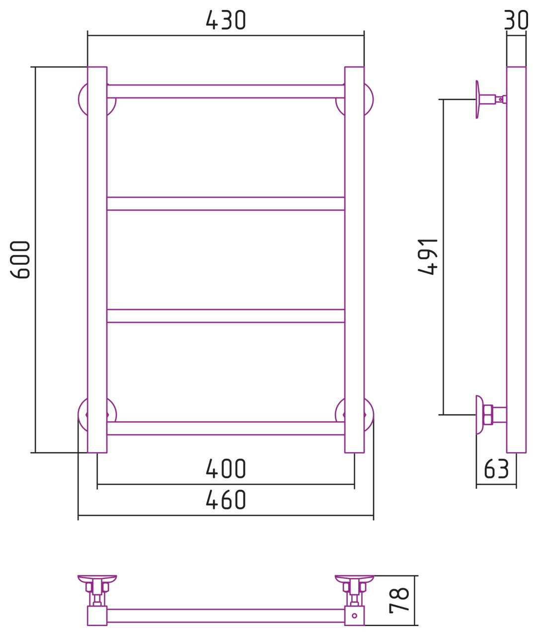 Полотенцесушитель водяной СТИЛЬЕ "Версия-КН" 600х400 (4) П 20х20 (Белый)