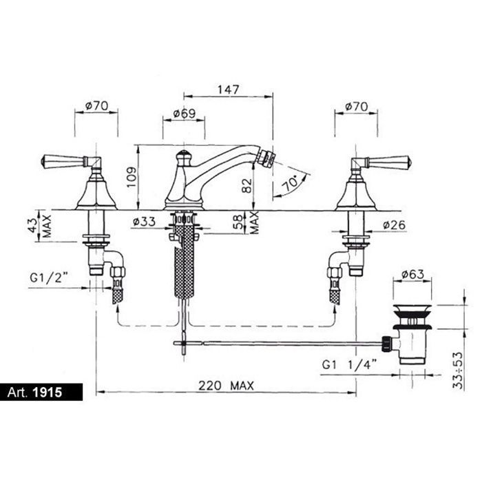 NICOLAZZI TEIDE Смеситель для биде на 3 отверстия, двухвентильный, в комплекте с донным клапаном, цвет Gold