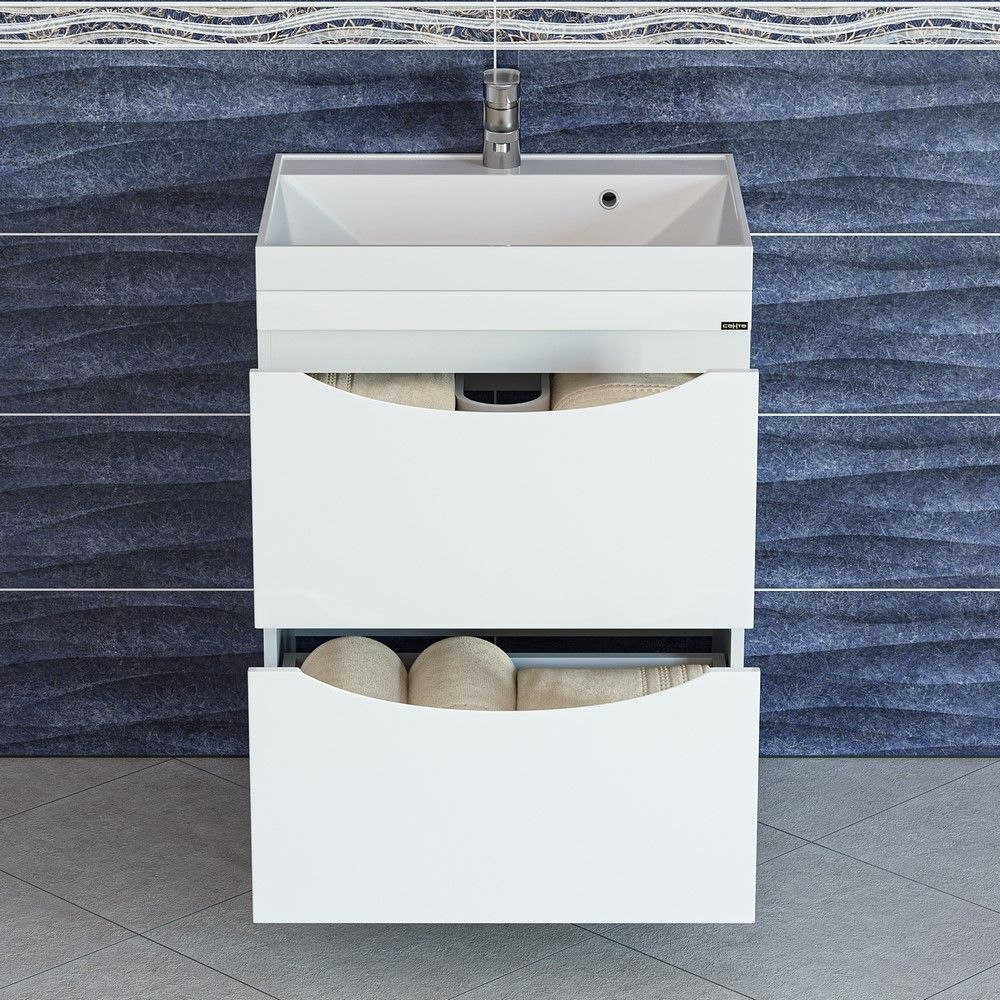 Тумба под раковину Санта Сатурн 60 см, 700266, 2 ящика, напольная, белый (ум. Classic 60 литой мрамор)