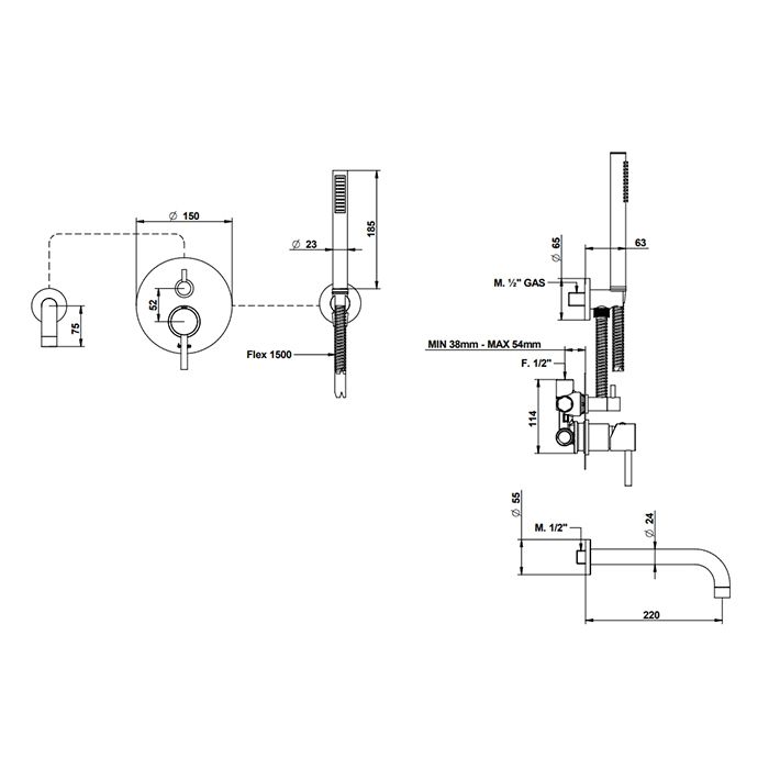 Bongio ON Смеситель встраиваемый с комплектом ручного душа, излив, цвет матовый черный хром (без внутр части 09763)