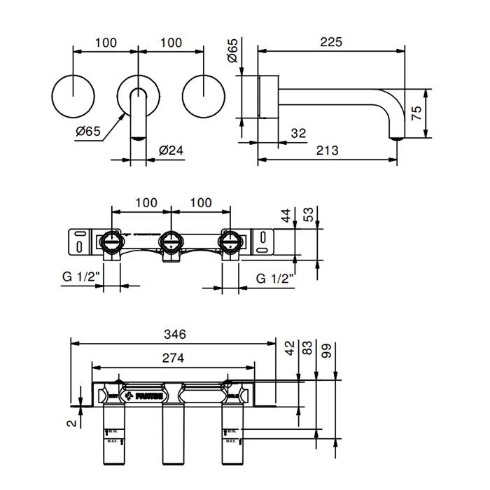 Fantini AF/21 Смеситель из стены для раковины (Наружная часть), цвет Matt Gun Metal PVD