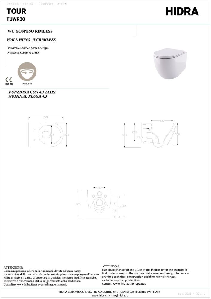 Hidra Tour, подвесной безободковый унитаз c крепежом, 52x35,5 см, цвет белый глянцевый, артикул TUWR30/001