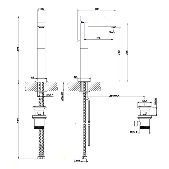 Gessi Rettangolo Смеситель для раковины с донным клапаном и высоким изливом 128мм, цвет: хром