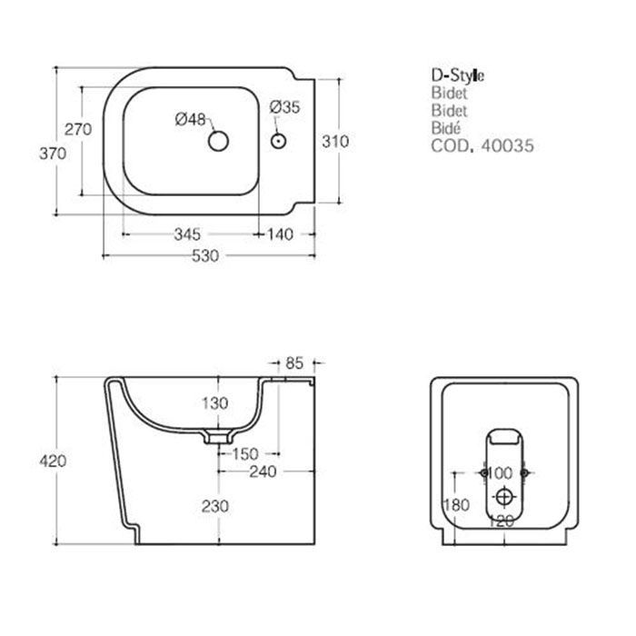 Ceramica Althea D-STYLE биде напольное с 1отв. под смеситель, слив в стену, белый 530*370*420