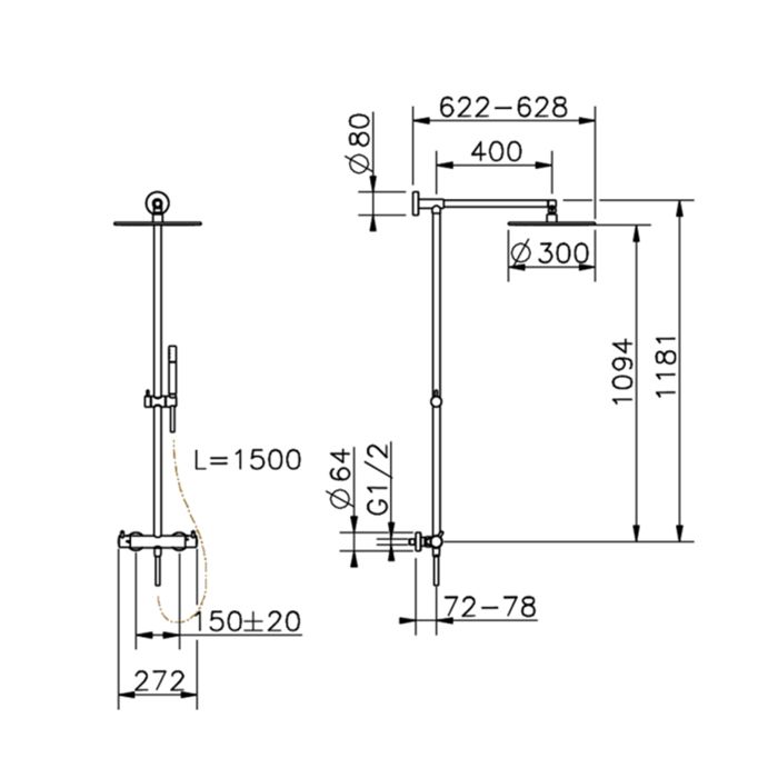 CISAL Less New Настенная душевая система:термостатический смеситель для душа,верхний душ,ручной душ с держателем и шлангом, цвет Nichel Spazzolato