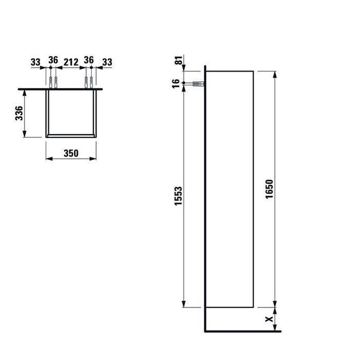 Шкаф-пенал, Laufen, Base, ширина, мм-350, глубина, мм-335, высота, мм-1650, тип установки-подвесной, дверцы-1, петли-справа, материал корпуса-МДФ, материал фасада-МДФ, 1 фиксированная полка, 4 стеклянные полки, цвет-белый