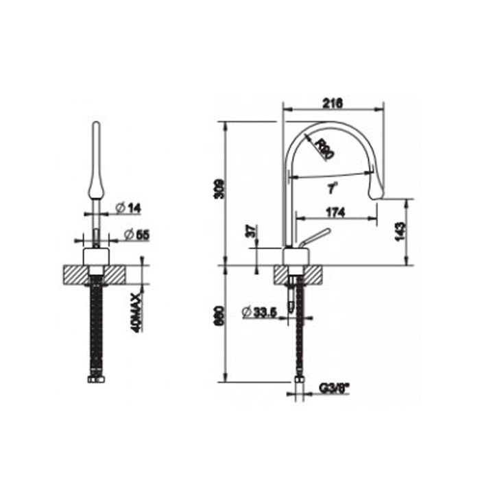 Gessi Goccia Смеситель для раковины на 1 отверстие, излив 174мм R=90, с фиксированным носиком,  цвет: черный