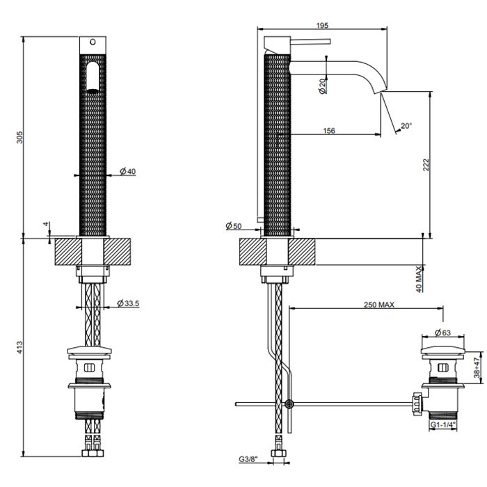 GESSI 316 Смеситель для раковины на 1 отверстие, высокий h=305мм, с донным клапаном, излив 156мм, цвет: brushed black metal pvd