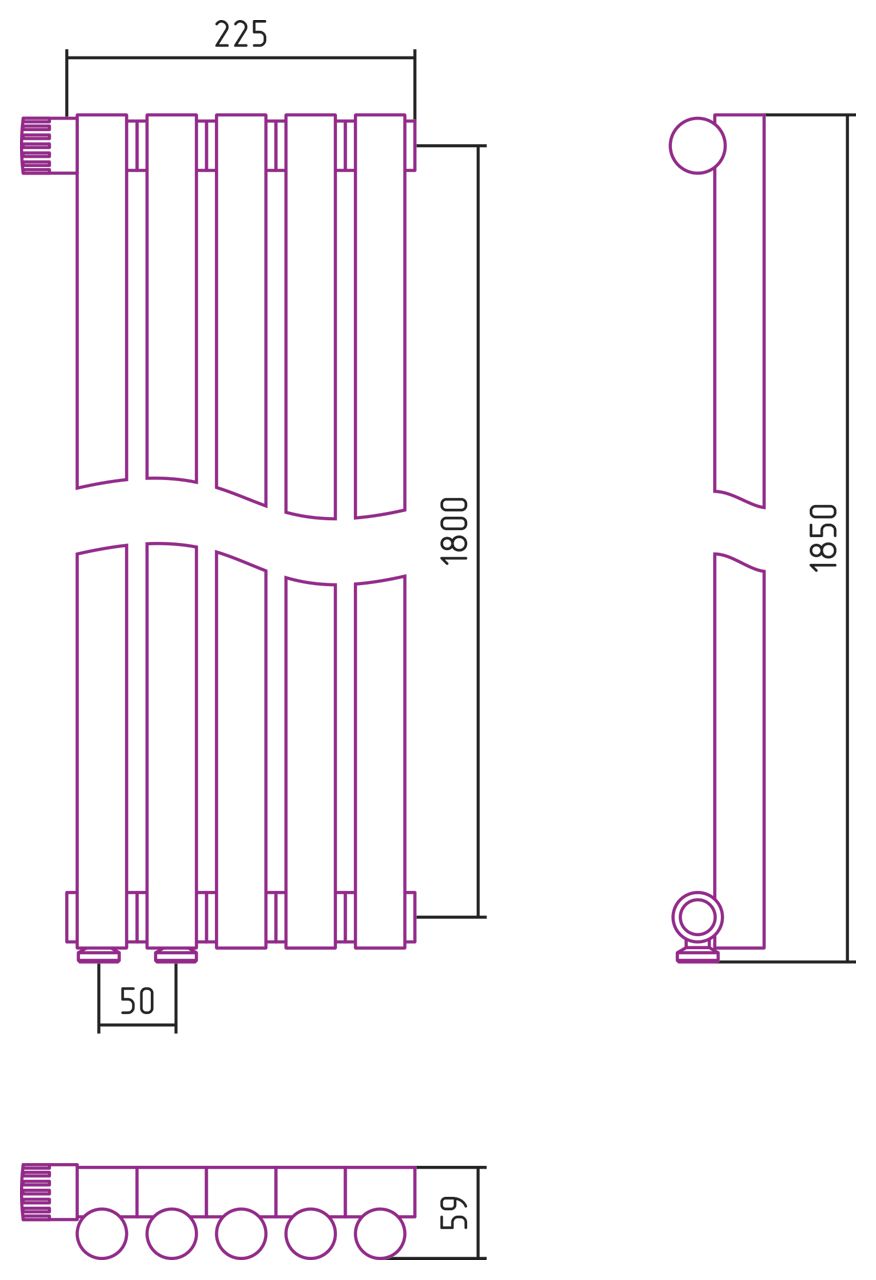 Отопительный радиатор ЭСТЕТ-1 н/ж EU50 левый 1800х225 / 5 сек (Без покрытия)