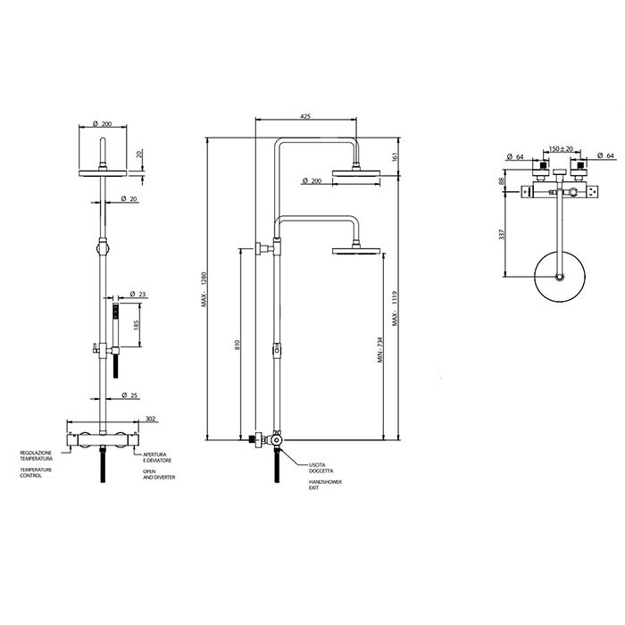 Bongio T Mix Душевая стойка с термостатическим смесителем и ручным душем, цвет Nichel Spazzolato