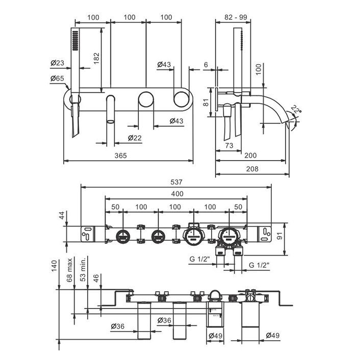 Fantini Nice Смеситель для ванны, встраиваемый, излив 200мм, с ручн.душем, (наружняя часть), цвет: хром