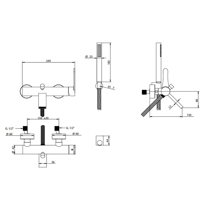 Bongio O'Clock Green Смеситель для ванны настенный, однорычажный, с ручным душем, настенным держателем и шлангом, цвет черный матовый, артикул 14526NE0DPR