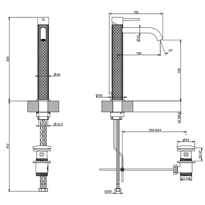 GESSI 316 Смеситель высокий для раковины на 1 отверстие с донным клапаном, h=305мм , излив 156мм, цвет: brushed black metal pvd