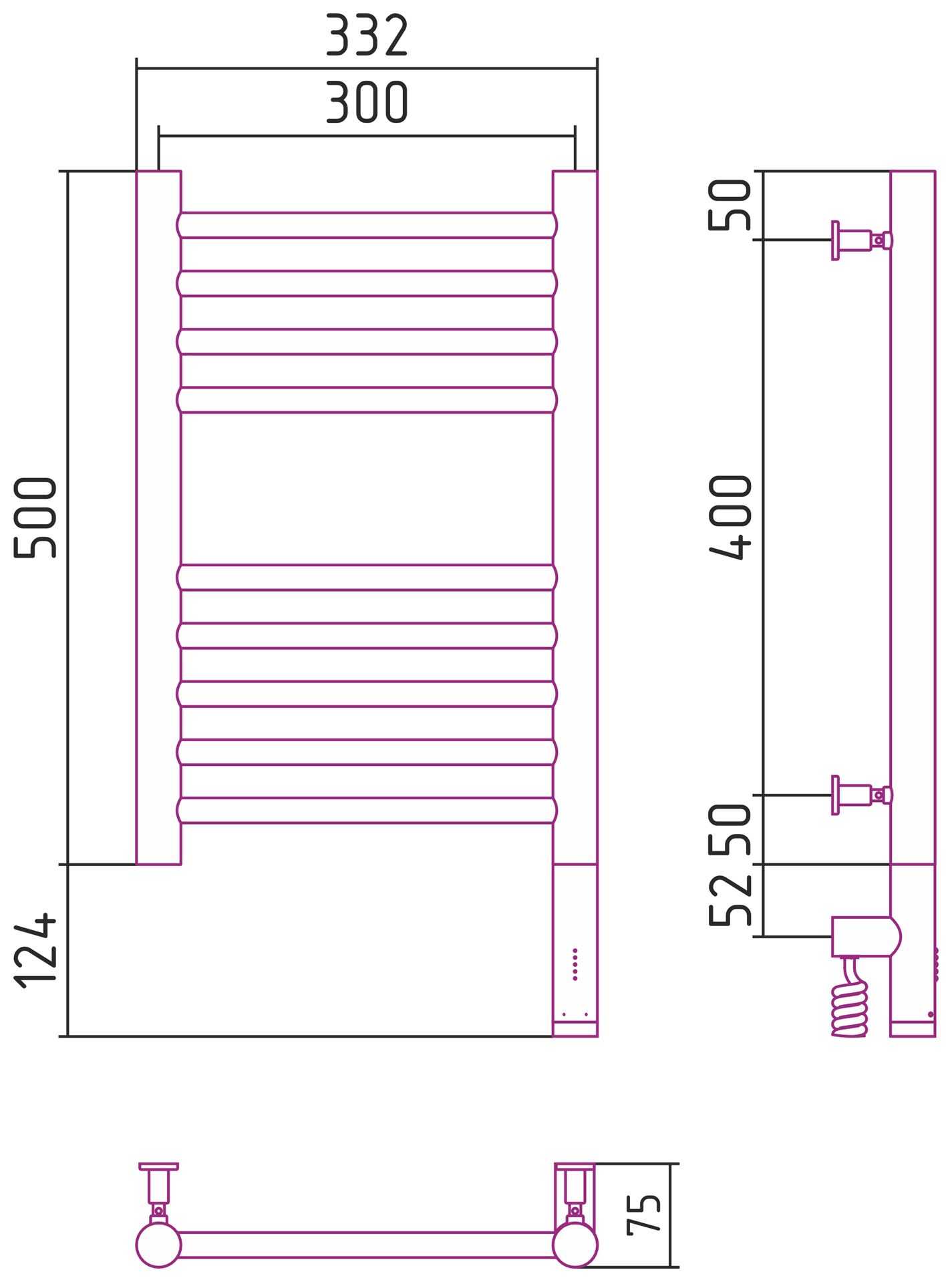 Полотенцесушитель электрический "БОГЕМА 3.0" прямая 500х300 / МЭМ правый (Золото)
