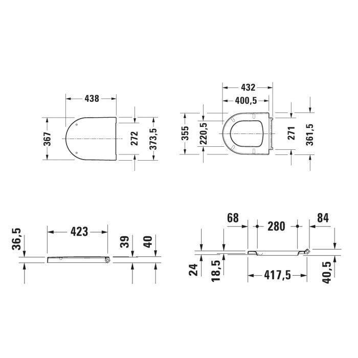 Сиденье для унитаза, Duravit, ME by Starck, с крышкой, ширина, мм-370, глубина, мм-420, высота, мм-30, тип шарниров-SoftClose, материал шарниров-нержавеющая сталь, цвет шарниров-хром, цвет-белый, артикул 0020190000