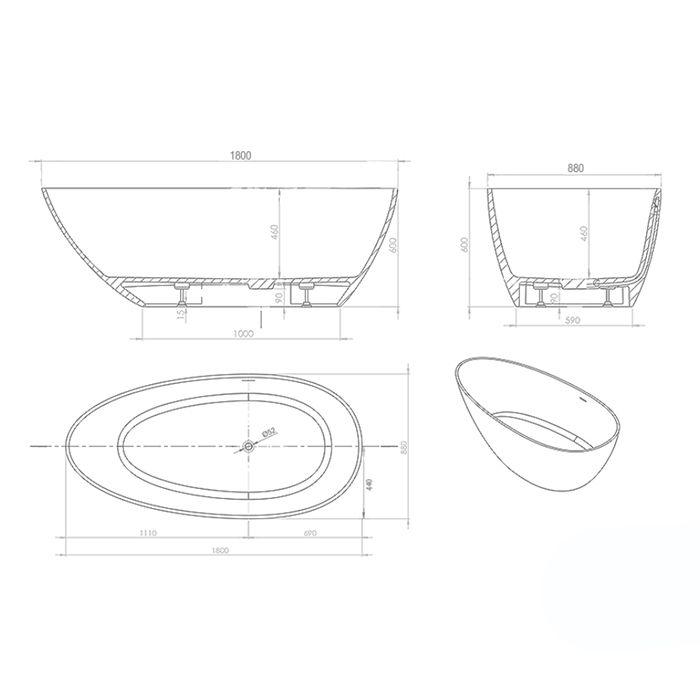 Ванна, KNIEF, Grace, ширина, мм-1800, глубина, мм-880, высота, мм-600, водоизмещение (л)-240, тип установки-отдельностоящий, форма-овальная, с щелевым сливом переливом click-clack, диаметр слива, мм-52, материал-K-Stone, цвет-белый матовый