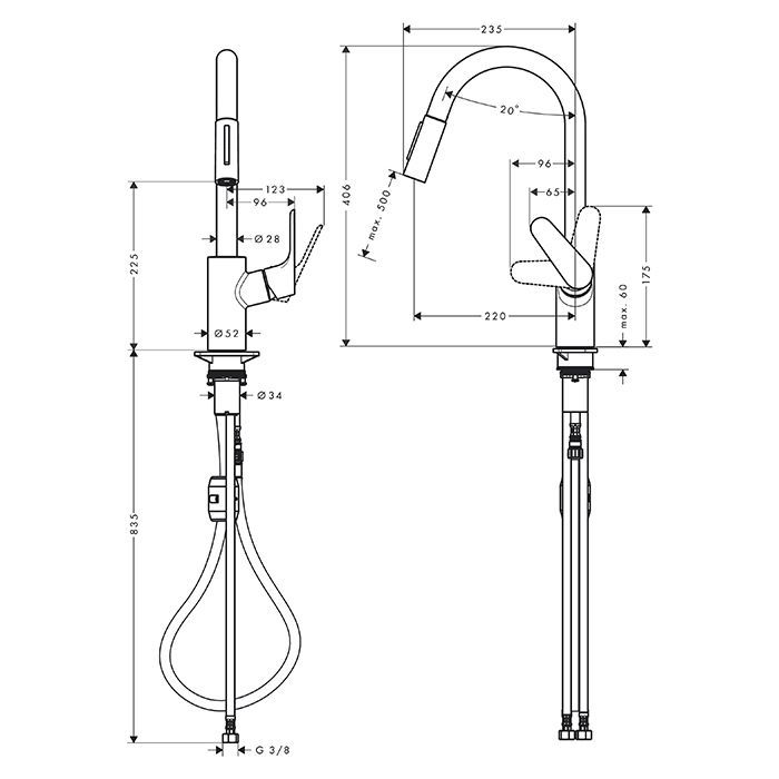 HG Focus M41  Смеситель для кухни, на 1 отв., поворотный и вытяжной излив 220мм, h225мм 2jet, цвет: хром HG Focus M41  Смеситель для кухни, на 1 отв., поворотный и вытяжной излив 220мм, h225мм 2jet, цвет: хром