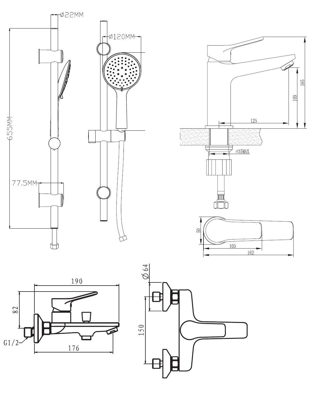 Набор смесителей Dubai Black SET DI 3 в 1, артикул: DI 3IN1B