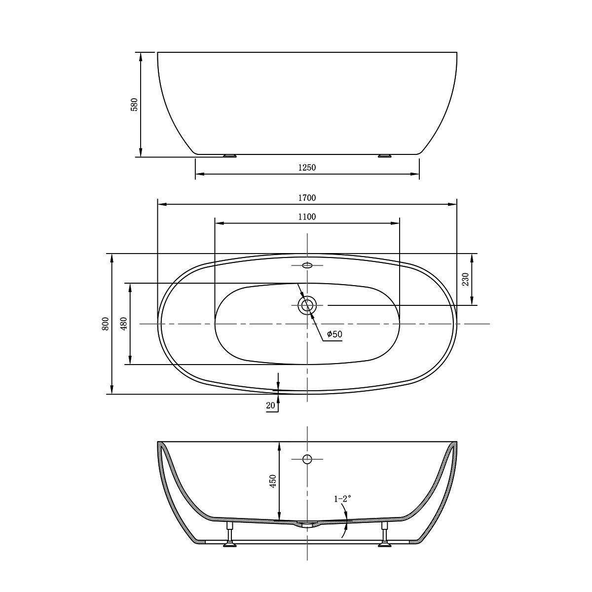 Ванны Vincea Ванна акриловая Vincea VBT-405-1700, 1700*800*580, цвет белый, щелевой перелив,, артикул VBT-405-1700