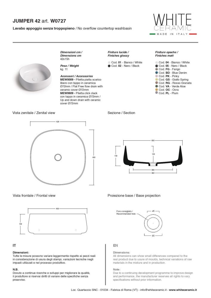 White Ceramic Jumper, накладная квадратная раковина 42x42x15h см, цвет белый глянцевый, артикул W072701