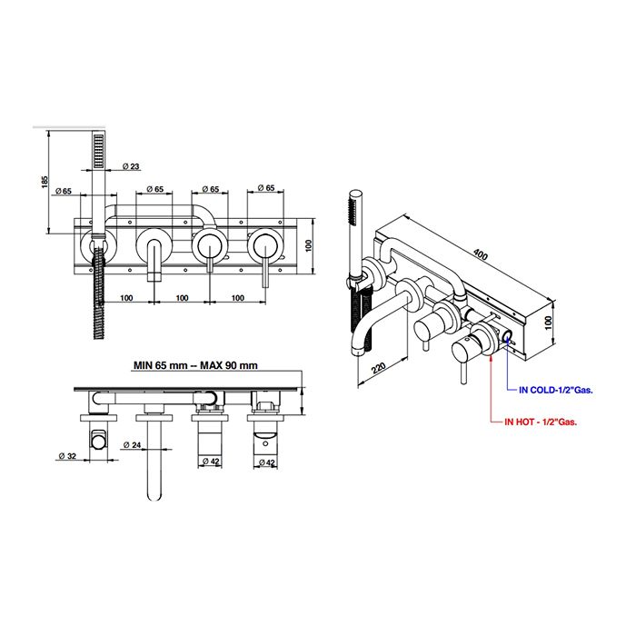 BONGIO ON Смеситель для ванны встраиваемый, однорычажный, с изливом и ручным душем, цвет матовый черный хром (без встраиваемой части 0969000VA), артикул 68550NMADPREU