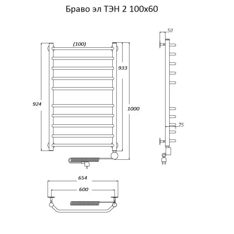 Электрический полотенцесушитель Тругор Браво 2 элТЭН 100x60 Хром