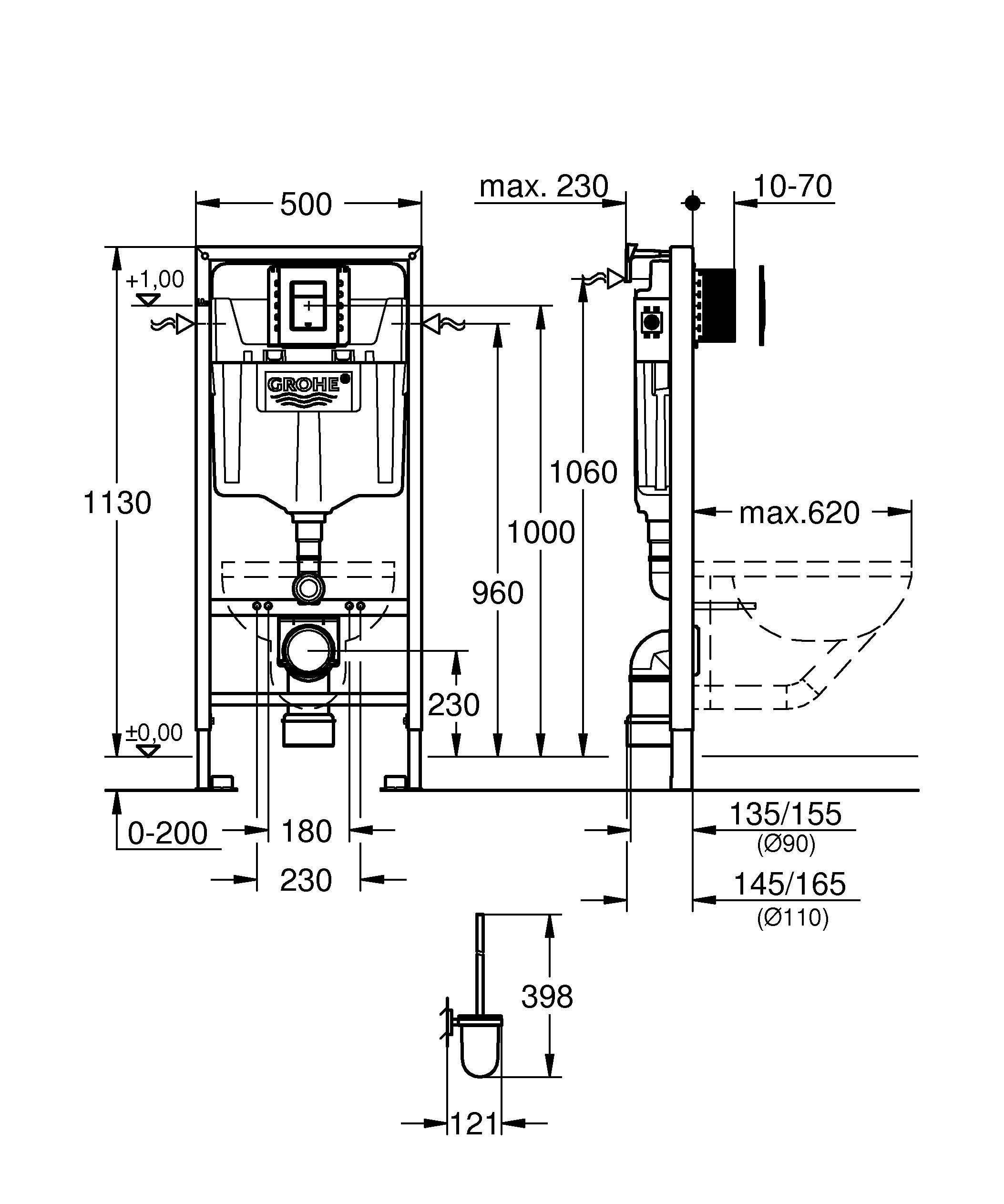 Комплект 6 в 1 для подвесного унитаза GROHE Rapid SL: инсталляция, крепление, панель смыва, шумоизоляция, ершик (39502000)