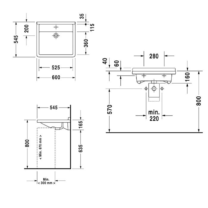 Duravit  Starck III Раковина подвесная узкая  600х545 мм. с переливом, с намеч отв под смеситель, цвет белый