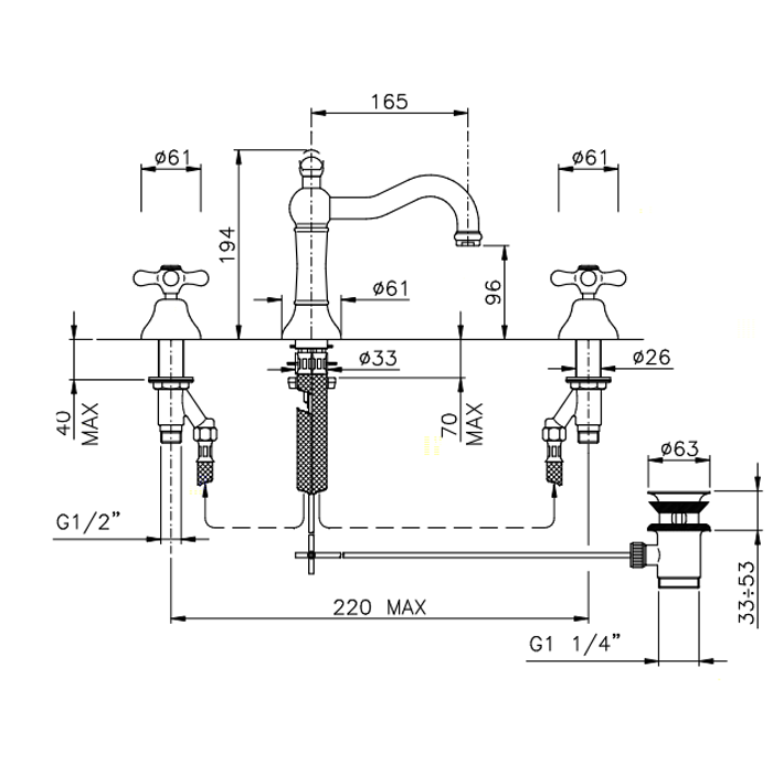 Nicolazzi Nuova Brenta Смеситель для раковины на 3 отверстия, с донным клапаном, излив: 165мм, цвет: бронза Nicolazzi Nuova Brenta Смеситель для раковины на 3 отверстия, с донным клапаном, излив: 165мм, цвет: бронза