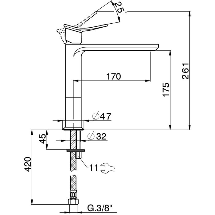 HUBER Harlock Смеситель однорычажный для раковины на 1 отверстие,высокий h175 мм,без донного клапана, цвет хром