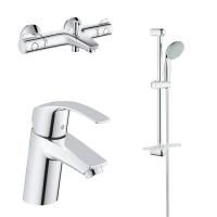Готовый набор для ванны GROHE: смеситель для раковины, термостатический смеситель для ванны, душевой гарнитур, хром (124422)