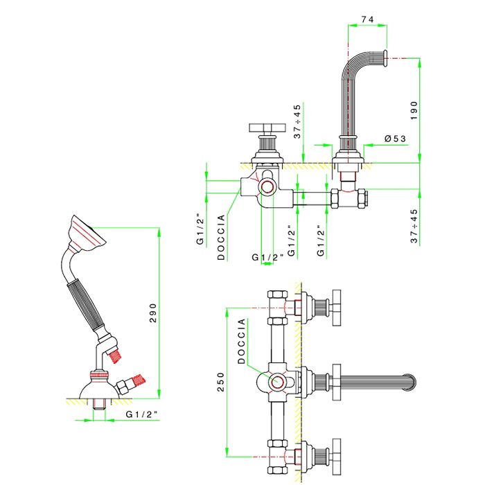 Nicolazzi Pantheon  Смеситель встроенный с изливом 190мм и ручной лейкой,цвет хром