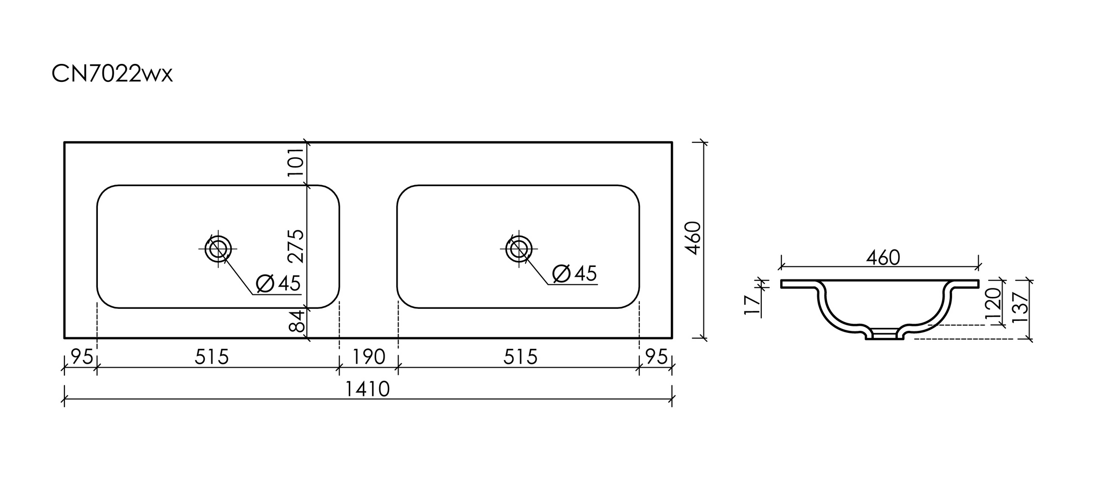 Раковина накладная мебельная Ceramicanova Грация (Grace) прямоугольная 1410x457x137 с двумя чашами без отверстий под смеситель цвет белый CN7022wx, артикул CN7022wx