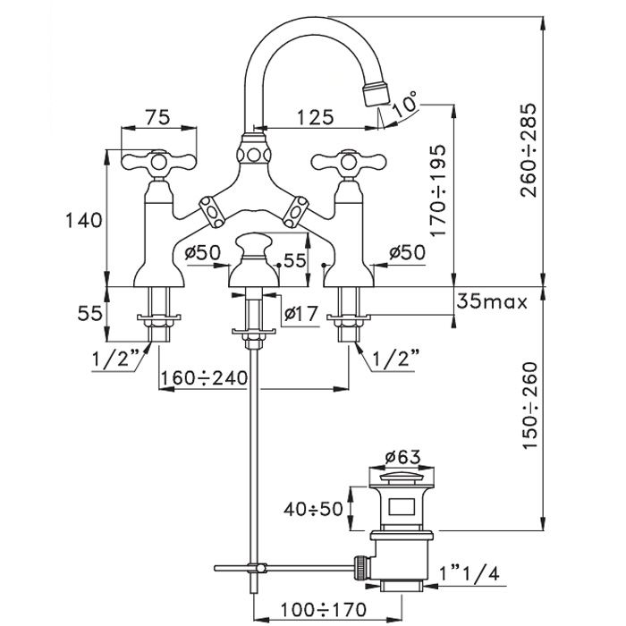 Stella Roma Смеситель для раковины на 3 отверстия 3215/351 с донным клапаном, цвет: хром