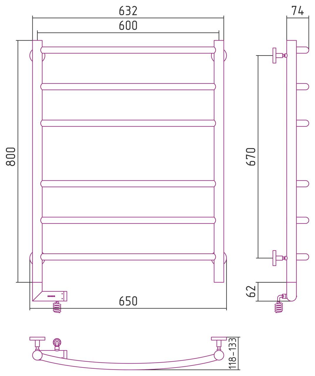 Полотенцесушитель электрический "ГАЛАНТ 2.0" 800х600 / МЭМ левый (Матовый Чёрный)