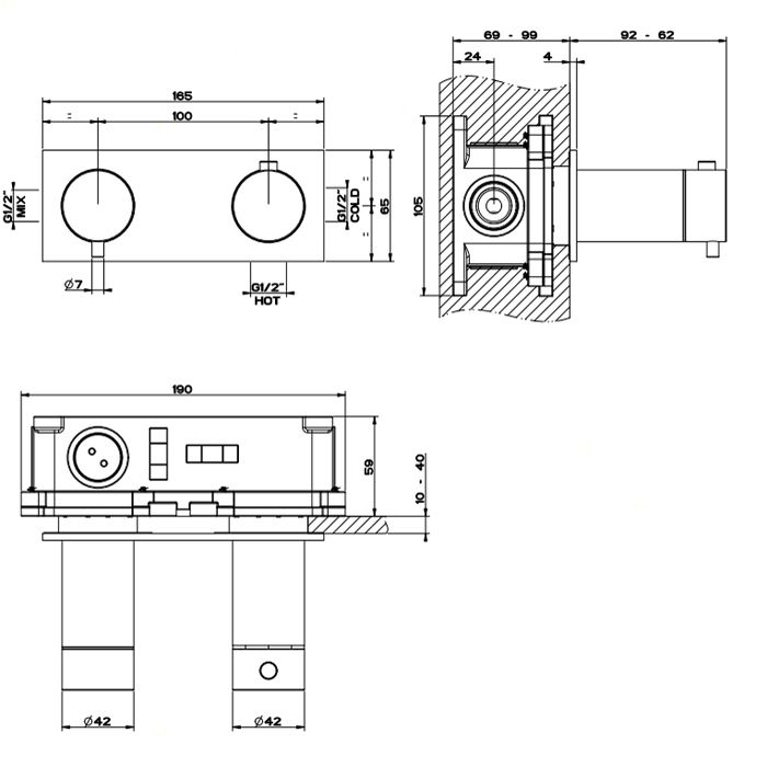 GESSI 316 Термостатический смеситель, с подключением на 3/4”, фильтр, на 1 источник (внешняя часть), цвет: steel brushed