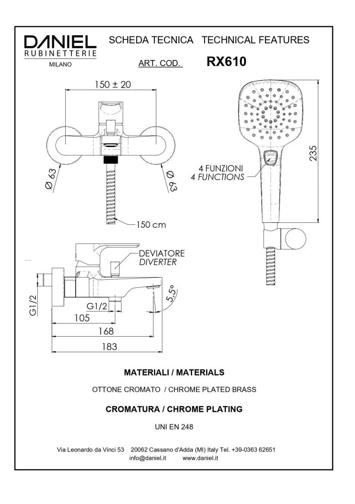Daniel Reflex, однорычажный смеситель для ванны (излив 16,8 см), c набором для душа, цвет зачищенный никель, артикул RX610-NP