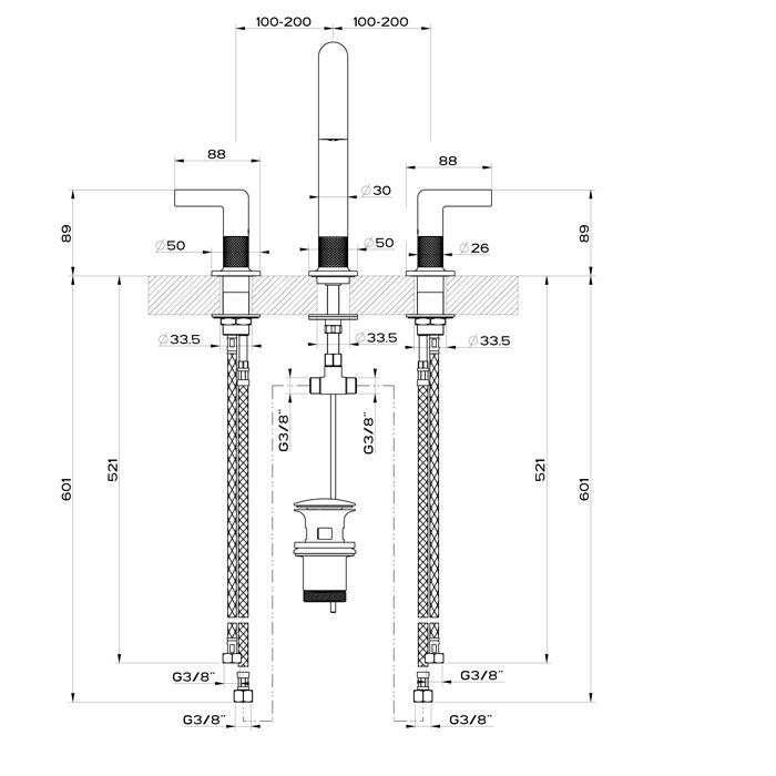 GESSI INCISO Смеситель для раковины на 3 отверстия с донным клапаном, излив 160мм, h=240мм Цвет: nero XL