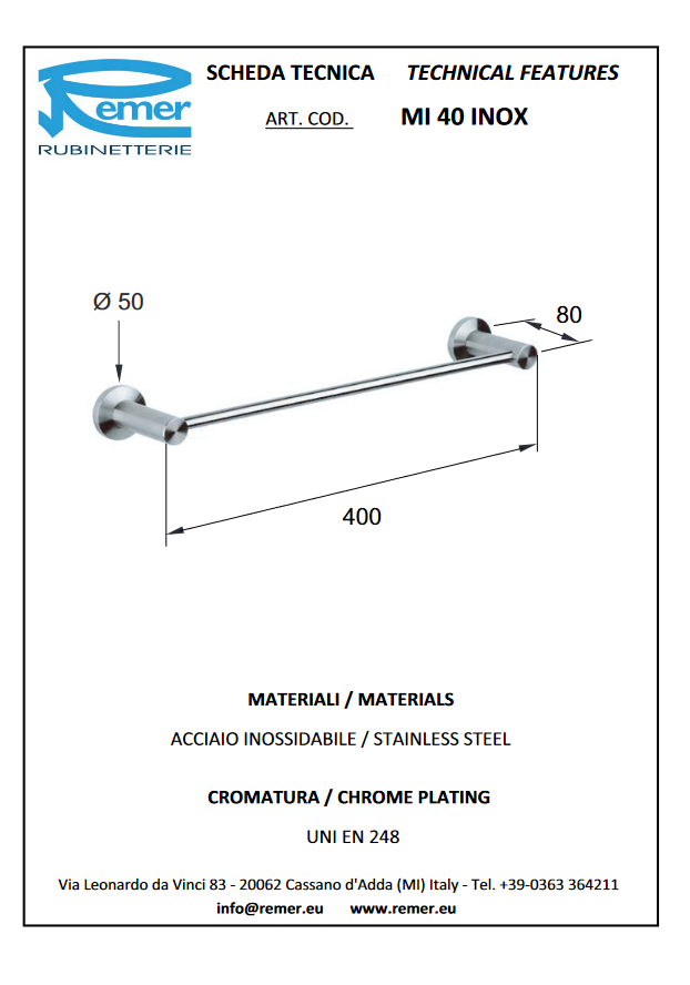 Minimal перекладина 40 см Mi40 INOX