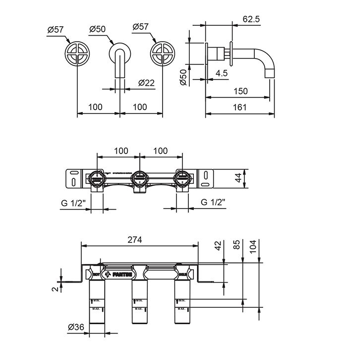 Fantini Fontane Bianche Смеситель для раковины, встраиваемый, на 3 отв., без донного клапана, излив 150мм, (наружняя часть), цвет: Matt Gun Metal PVD